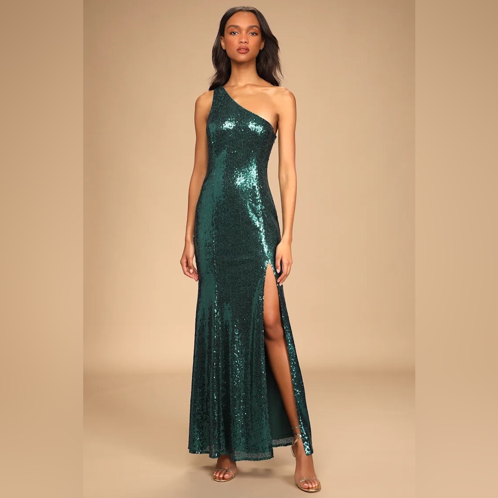 Lulus Emerald Sequin One Shoulder Mermaid Maxi Dress